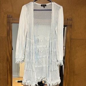 Light Blue Boho Crochet Open Cardigan with Fringe